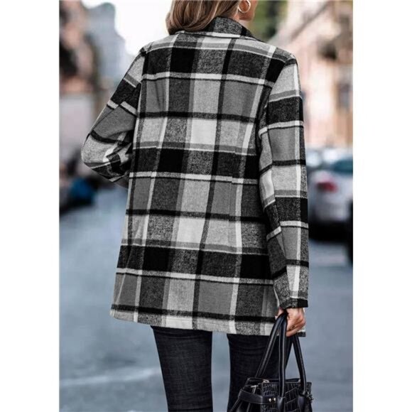 2024 Plaid Shacket Jacket Casual Button Wool Blend Winter Tartan Trench Coat - Picture 3 of 7
